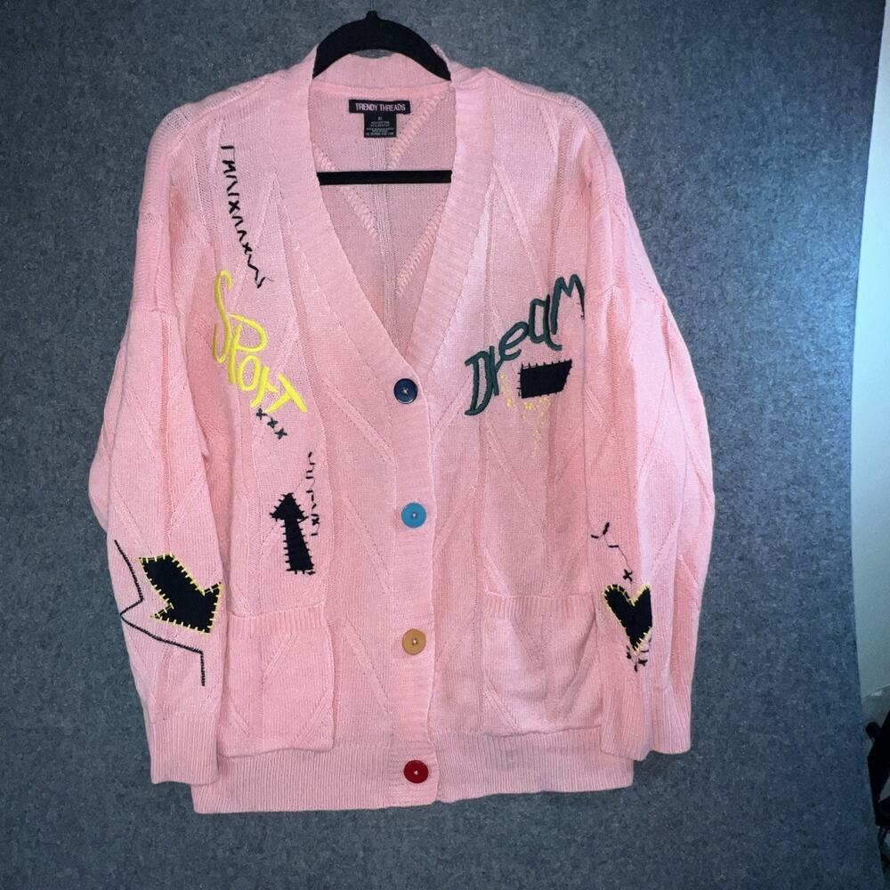 Ebossy Cable Knit Cardigan Button Down Pink Embroidered Sweater Size‎ 2X